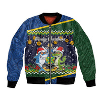 Funny Crocodile and Shark Solomon Islands Christmas Bomber Jacket with National Seal Melanesian Pattern LT03 Unisex Blue - Polynesian Pride