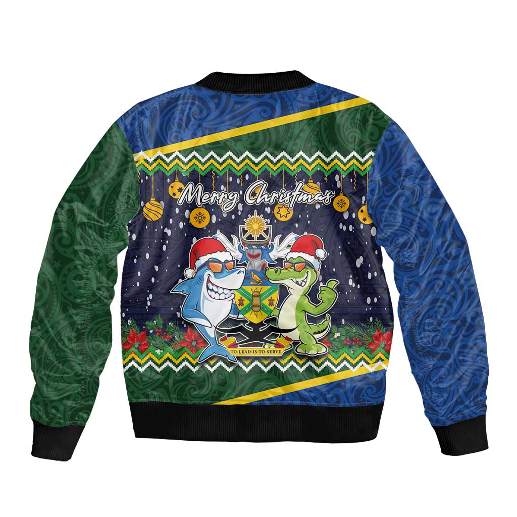 Funny Crocodile and Shark Solomon Islands Christmas Bomber Jacket with National Seal Melanesian Pattern LT03 - Polynesian Pride