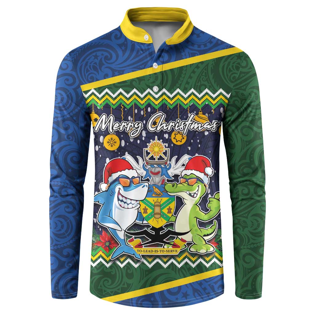 Funny Crocodile and Shark Solomon Islands Christmas Button Sweatshirt with National Seal Melanesian Pattern LT03 Blue - Polynesian Pride