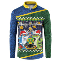 Funny Crocodile and Shark Solomon Islands Christmas Button Sweatshirt with National Seal Melanesian Pattern LT03 Blue - Polynesian Pride