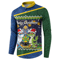 Funny Crocodile and Shark Solomon Islands Christmas Button Sweatshirt with National Seal Melanesian Pattern LT03 - Polynesian Pride