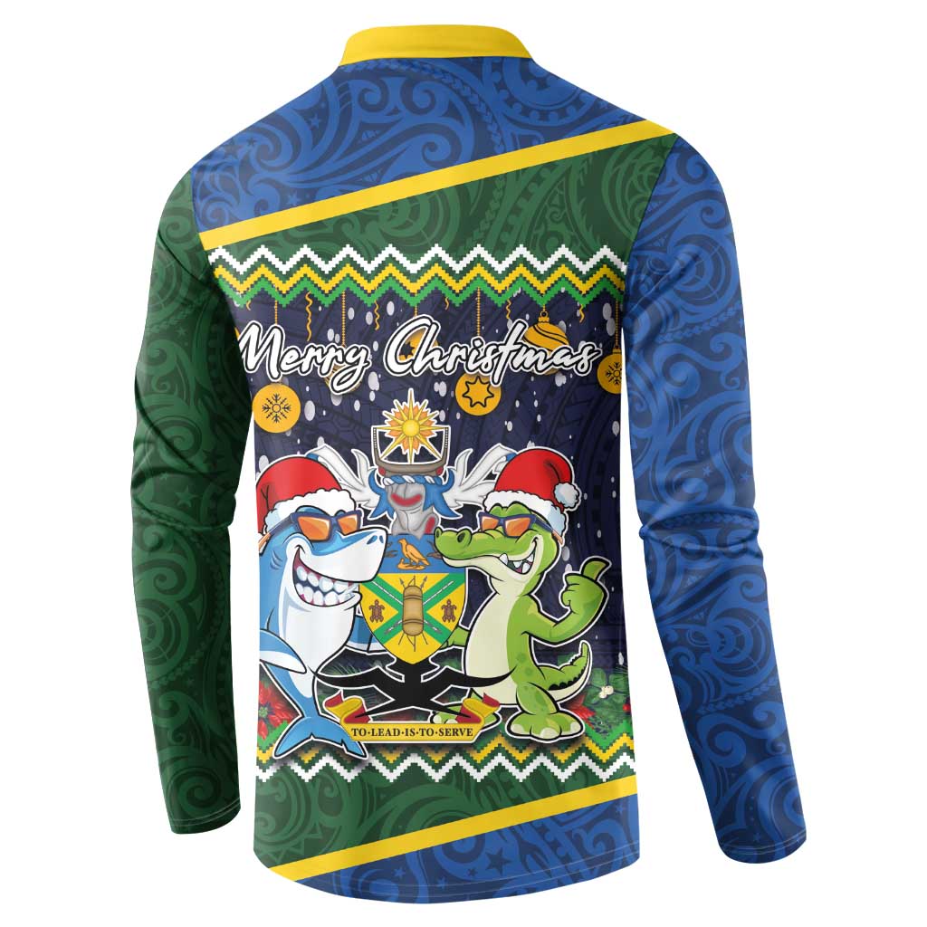 Funny Crocodile and Shark Solomon Islands Christmas Button Sweatshirt with National Seal Melanesian Pattern LT03 - Polynesian Pride