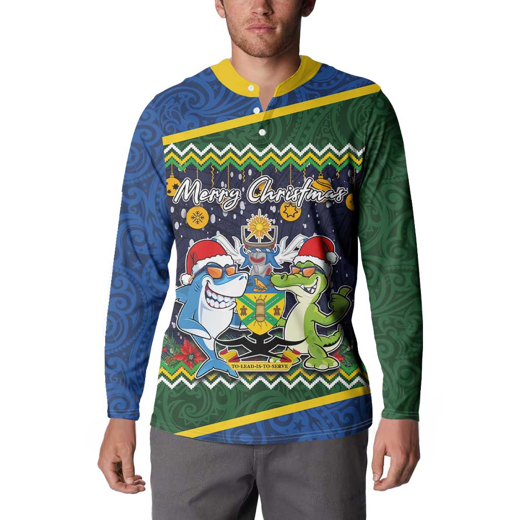 Funny Crocodile and Shark Solomon Islands Christmas Button Sweatshirt with National Seal Melanesian Pattern LT03 - Polynesian Pride