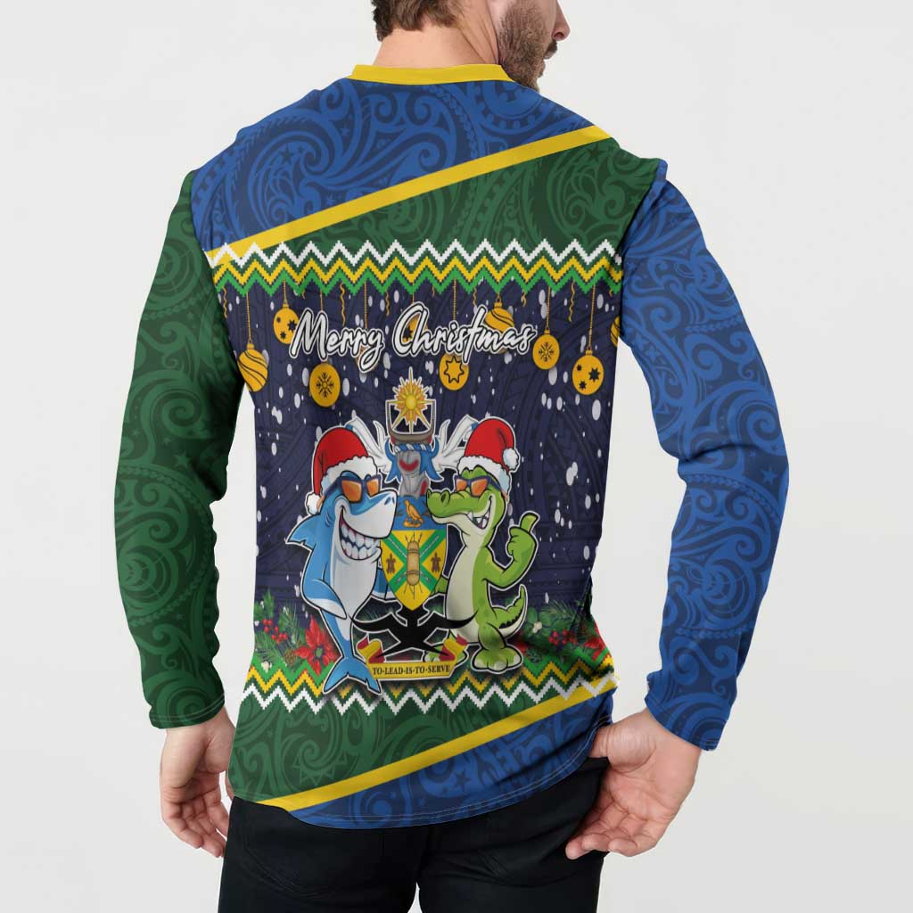 Funny Crocodile and Shark Solomon Islands Christmas Button Sweatshirt with National Seal Melanesian Pattern LT03 - Polynesian Pride