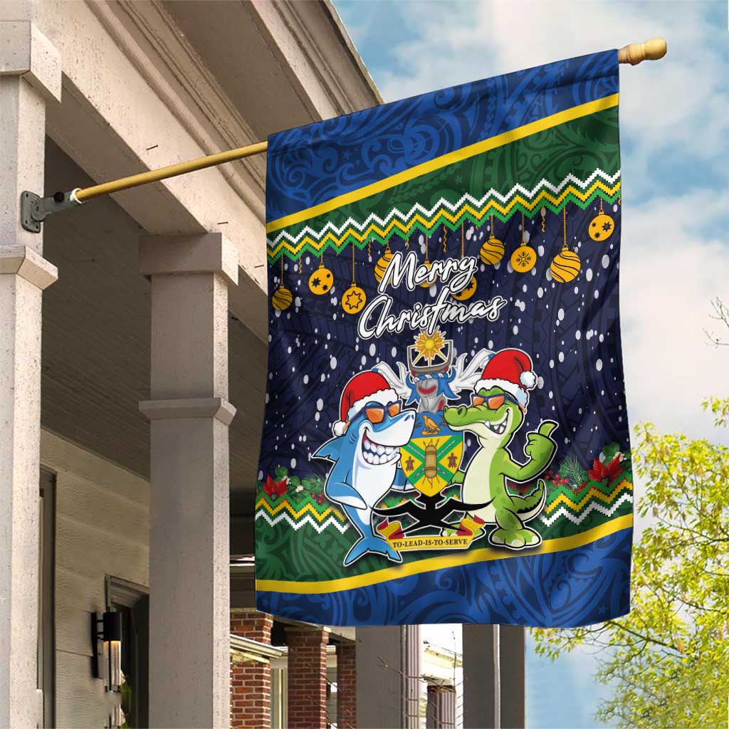 Funny Crocodile and Shark Solomon Islands Christmas Garden Flag with National Seal Melanesian Pattern LT03 House Flag Blue - Polynesian Pride