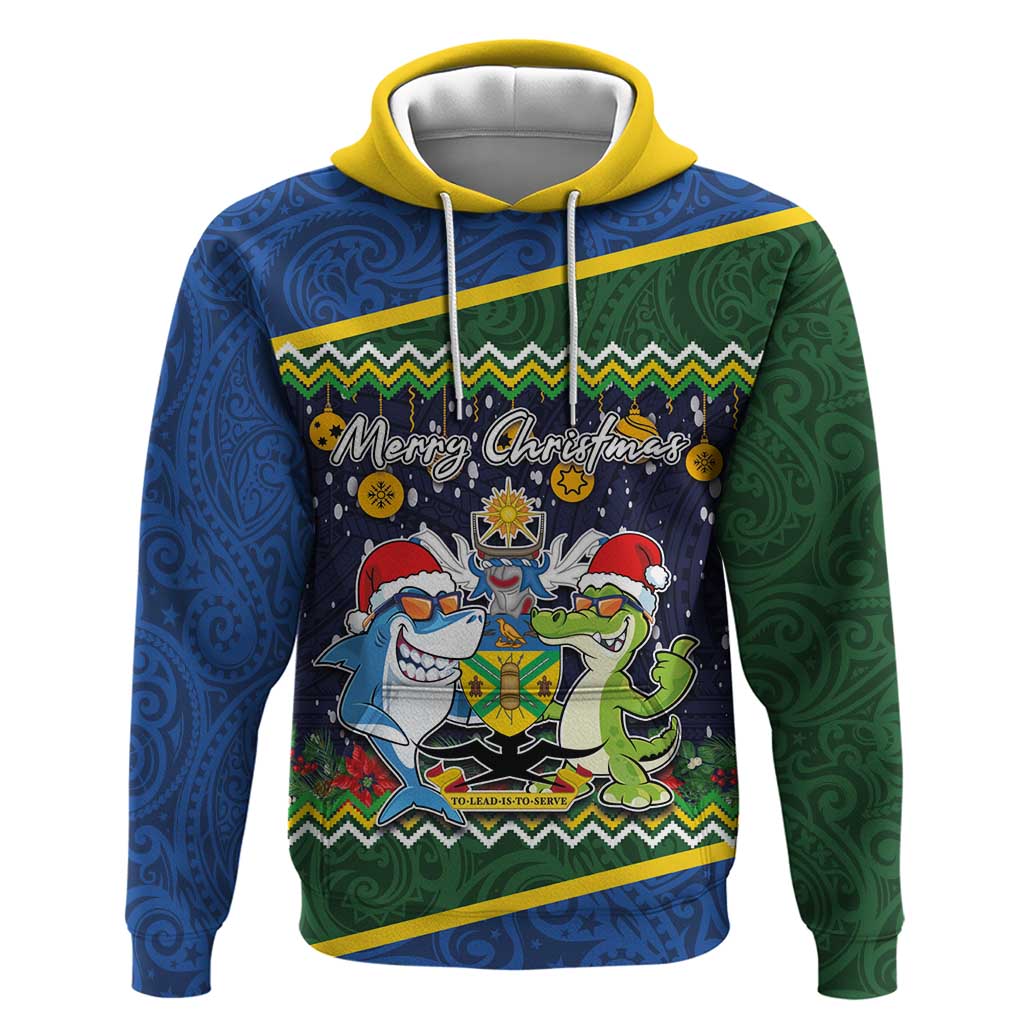 Funny Crocodile and Shark Solomon Islands Christmas Hoodie with National Seal Melanesian Pattern LT03 Pullover Hoodie Blue - Polynesian Pride