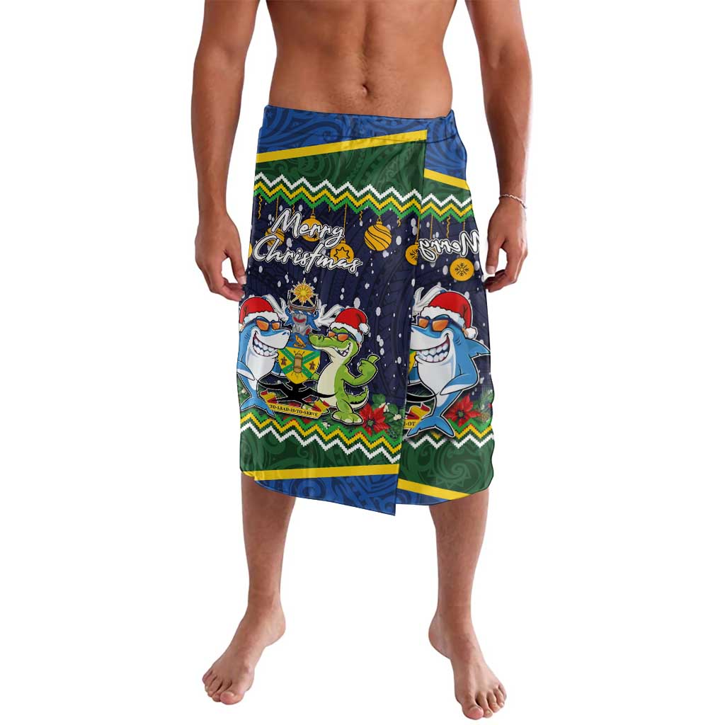 Funny Crocodile and Shark Solomon Islands Christmas Lavalava with National Seal Melanesian Pattern LT03 Blue - Polynesian Pride