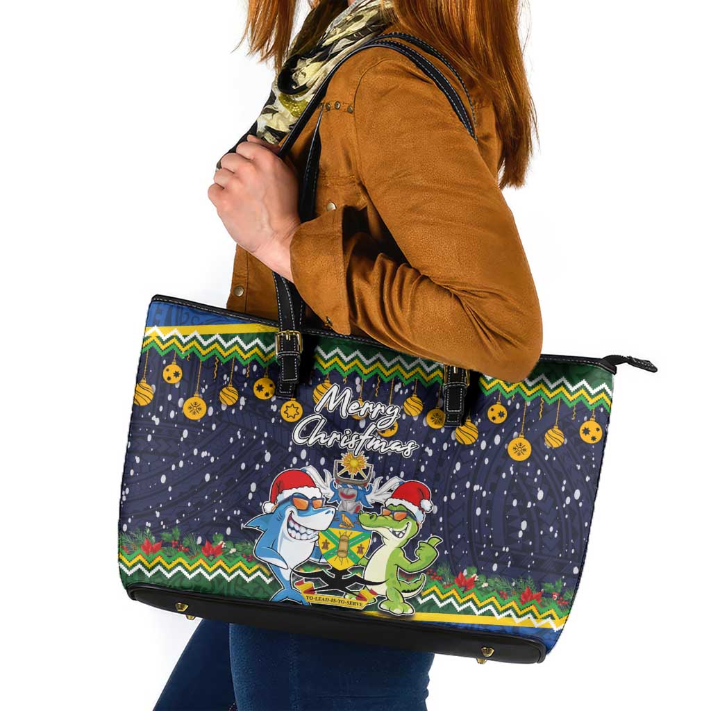 Funny Crocodile and Shark Solomon Islands Christmas Leather Tote Bag with National Seal Melanesian Pattern LT03 Blue - Polynesian Pride