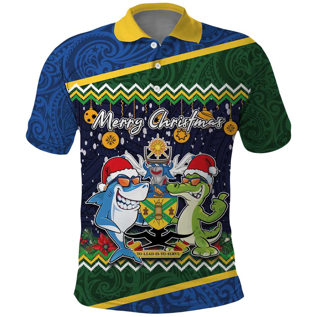 Funny Crocodile and Shark Solomon Islands Christmas Polo Shirt with National Seal Melanesian Pattern LT03 Blue - Polynesian Pride