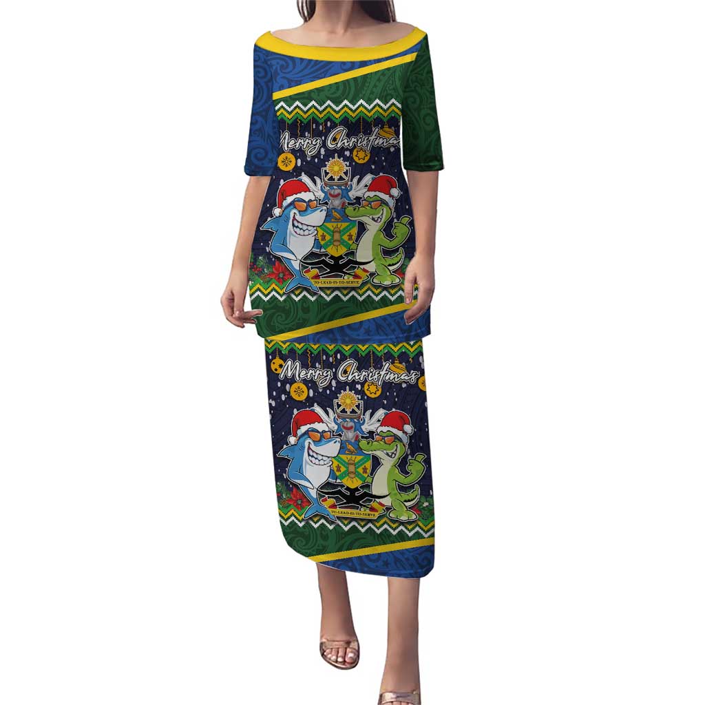 Funny Crocodile and Shark Solomon Islands Christmas Puletasi with National Seal Melanesian Pattern LT03 Long Dress Blue - Polynesian Pride