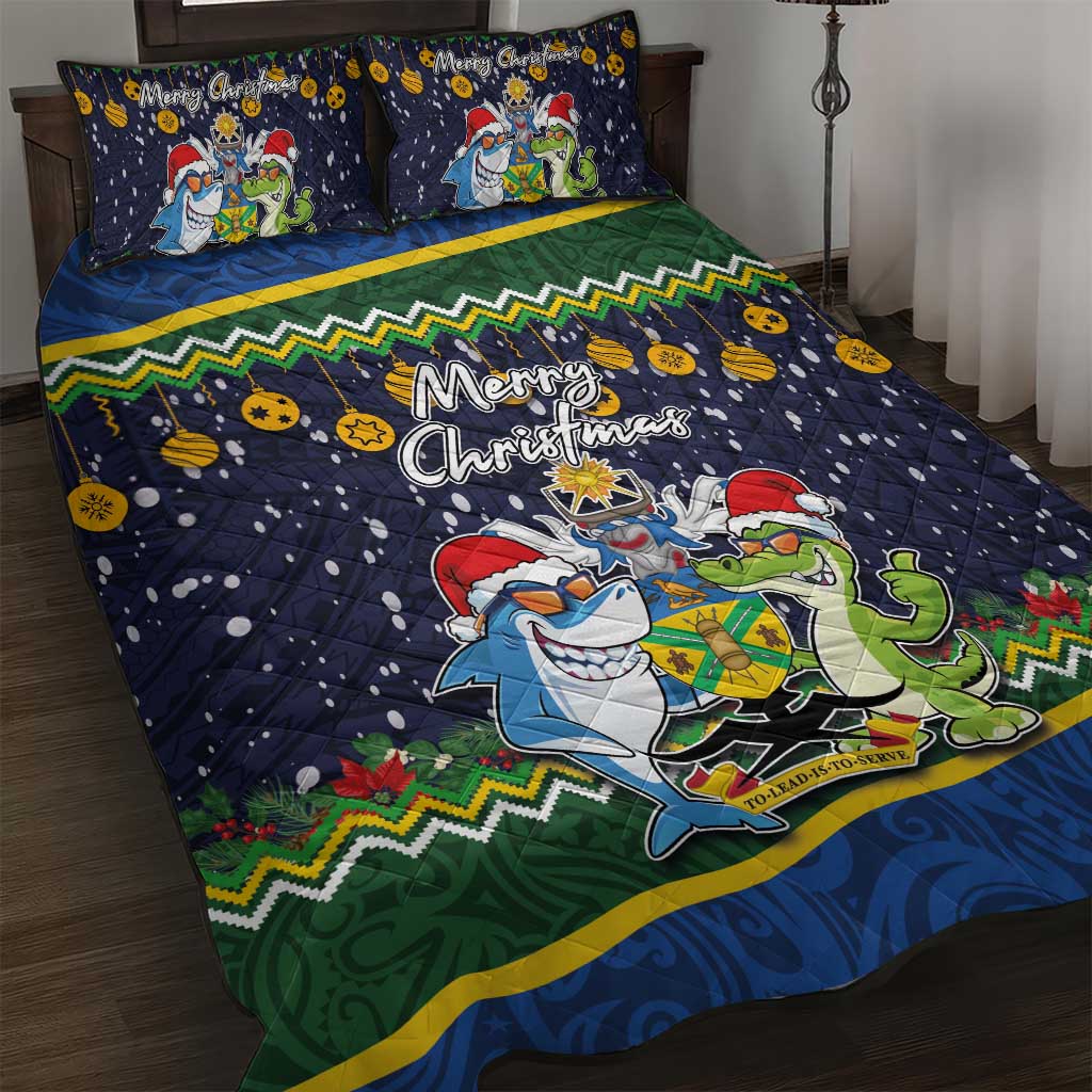 Funny Crocodile and Shark Solomon Islands Christmas Quilt Bed Set with National Seal Melanesian Pattern LT03 Blue - Polynesian Pride