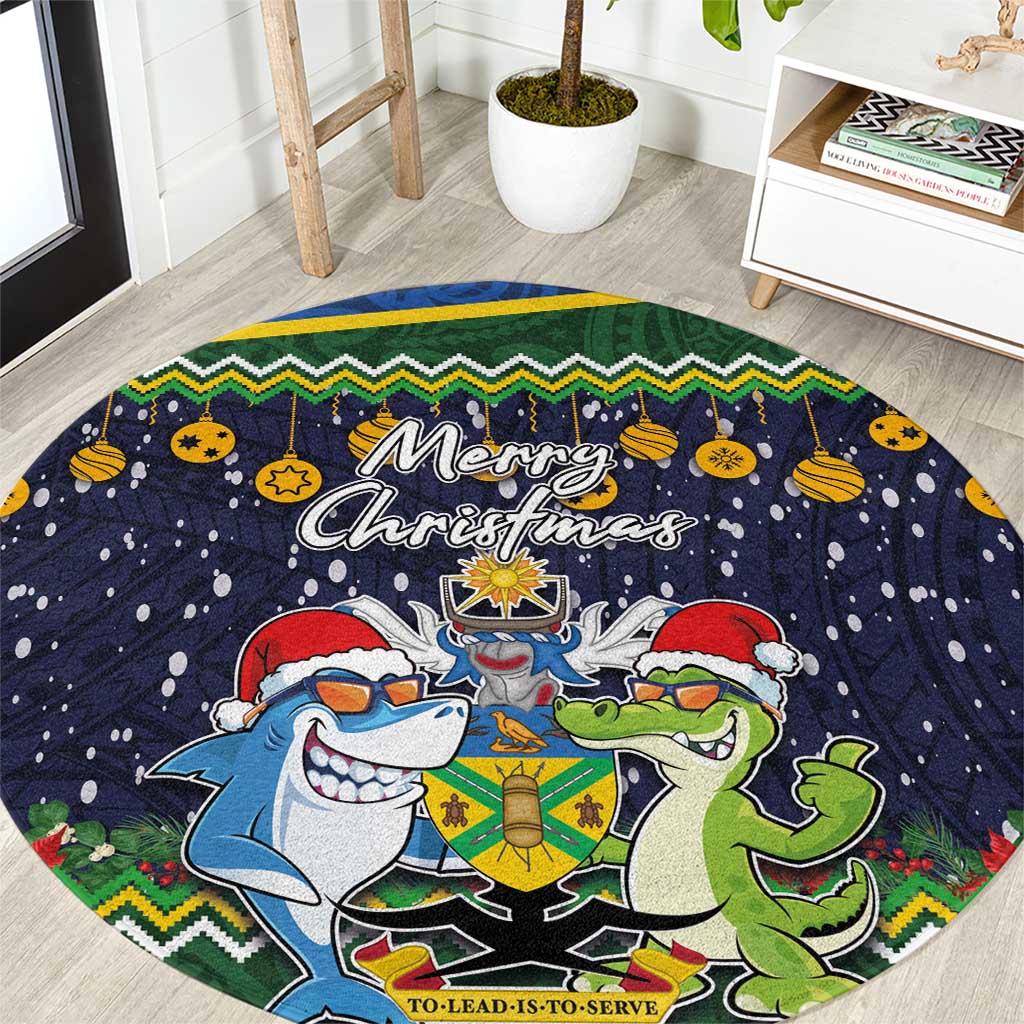 Funny Crocodile and Shark Solomon Islands Christmas Round Carpet with National Seal Melanesian Pattern LT03 Blue - Polynesian Pride