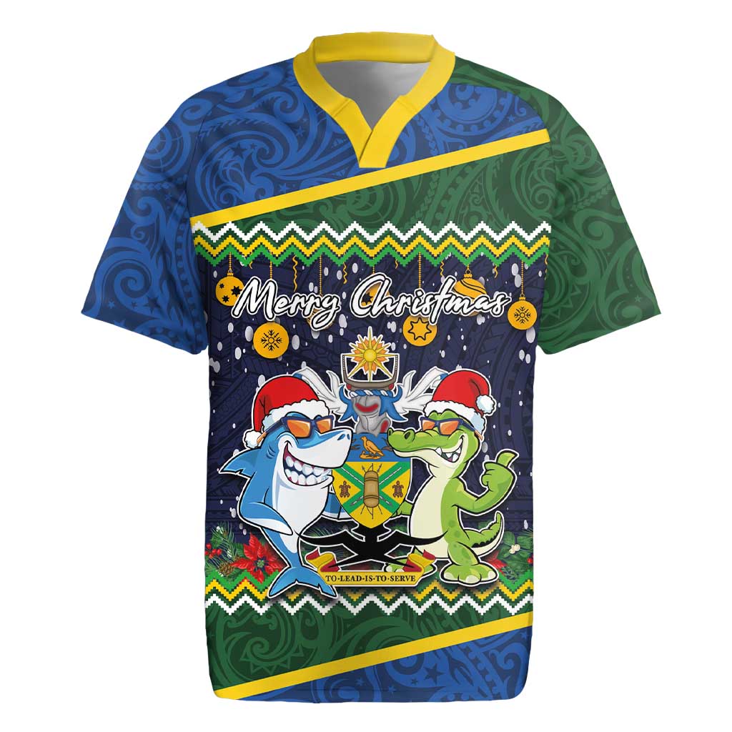Funny Crocodile and Shark Solomon Islands Christmas Rugby Jersey with National Seal Melanesian Pattern LT03 Blue - Polynesian Pride