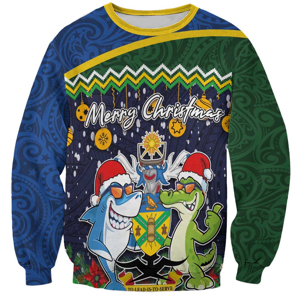 Funny Crocodile and Shark Solomon Islands Christmas Sweatshirt with National Seal Melanesian Pattern LT03 Unisex Blue - Polynesian Pride