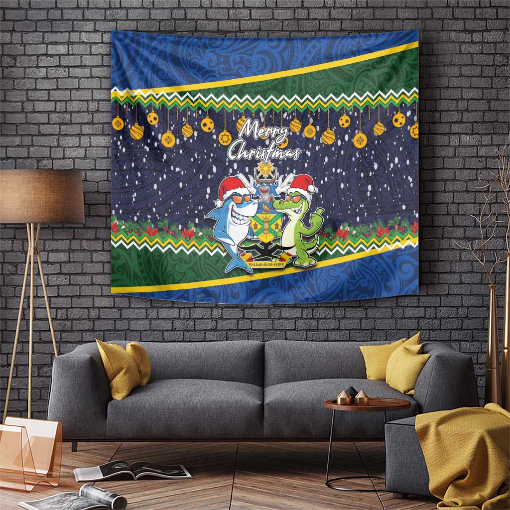 Funny Crocodile and Shark Solomon Islands Christmas Tapestry with National Seal Melanesian Pattern LT03 Blue - Polynesian Pride