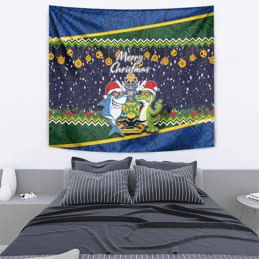 Funny Crocodile and Shark Solomon Islands Christmas Tapestry with National Seal Melanesian Pattern LT03 - Polynesian Pride