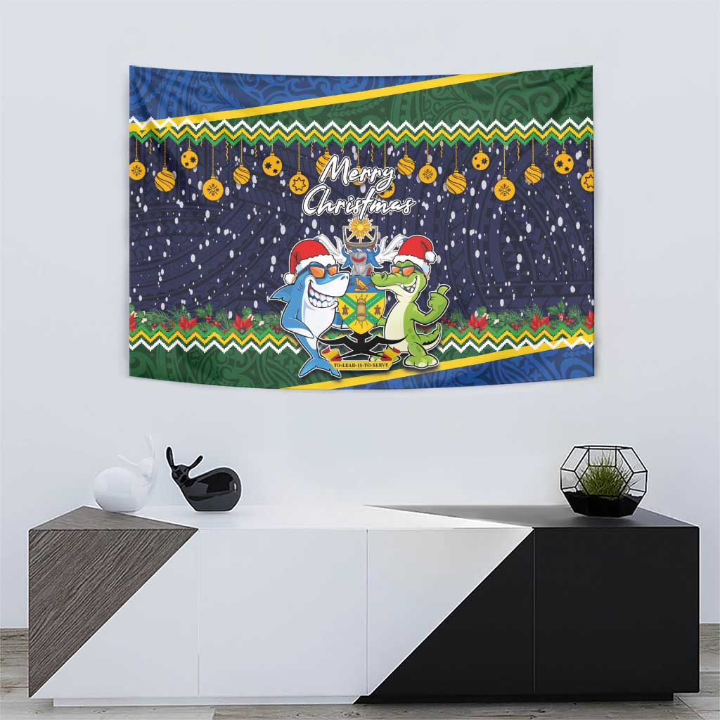Funny Crocodile and Shark Solomon Islands Christmas Tapestry with National Seal Melanesian Pattern LT03 - Polynesian Pride