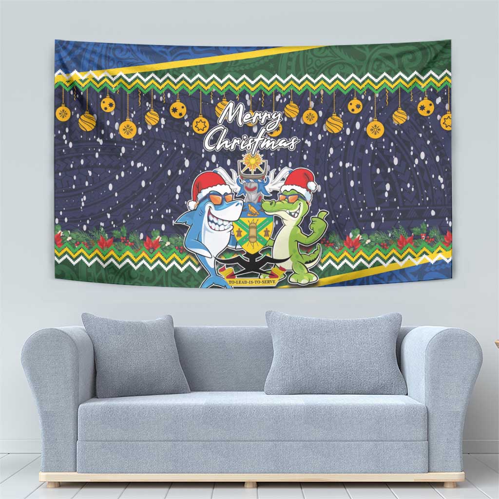 Funny Crocodile and Shark Solomon Islands Christmas Tapestry with National Seal Melanesian Pattern LT03 - Polynesian Pride