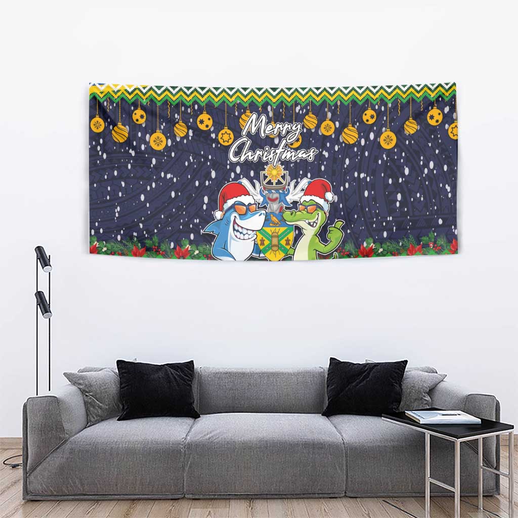 Funny Crocodile and Shark Solomon Islands Christmas Tapestry with National Seal Melanesian Pattern LT03 - Polynesian Pride