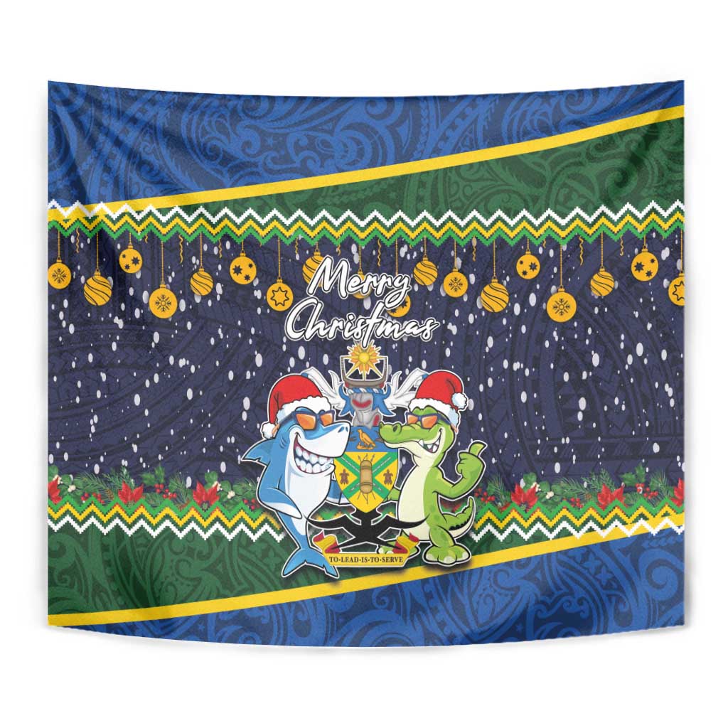Funny Crocodile and Shark Solomon Islands Christmas Tapestry with National Seal Melanesian Pattern LT03 - Polynesian Pride