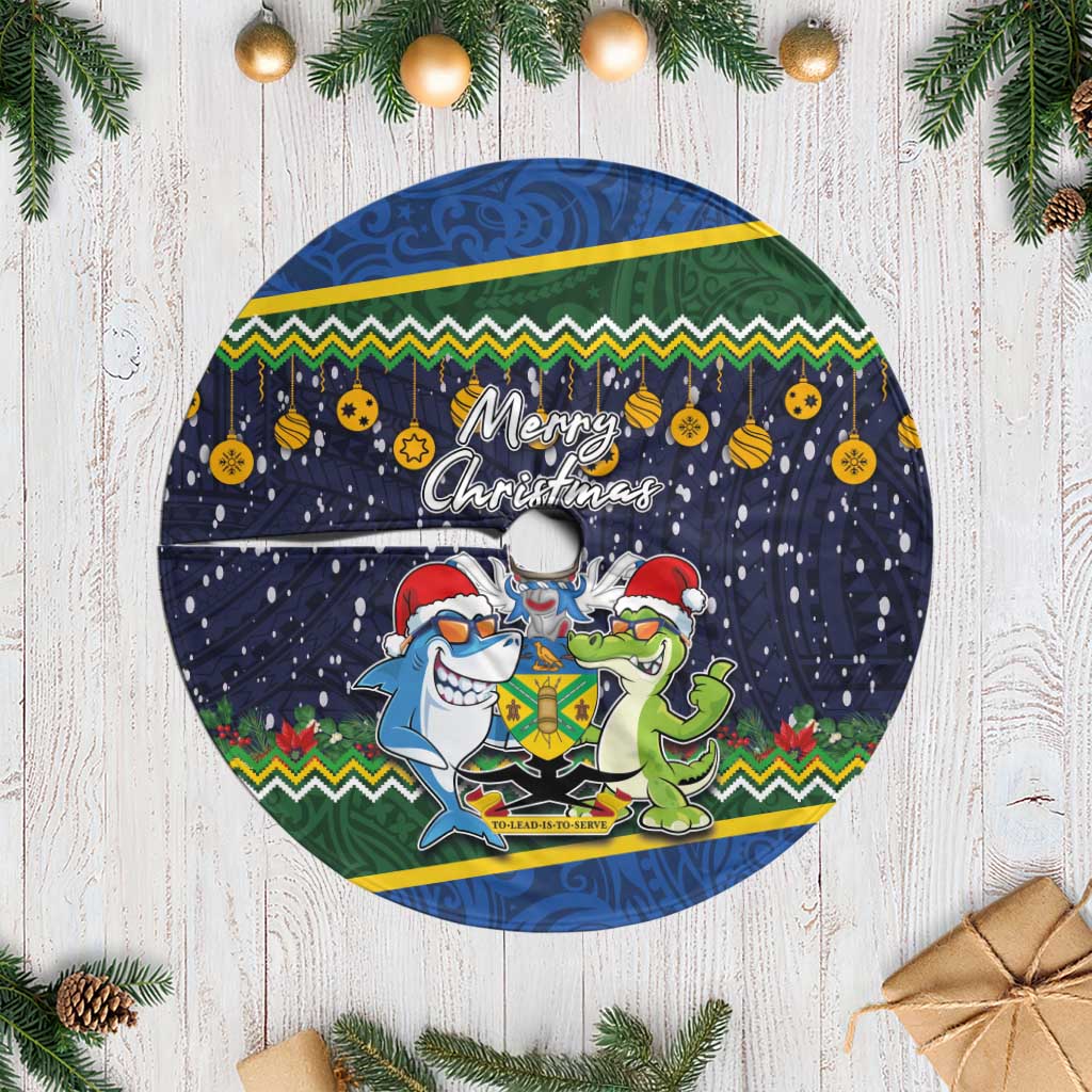 Solomon Islands Christmas Tree Skirt Funny Xmas Crocodile and Shark with National Seal Melanesian Pattern