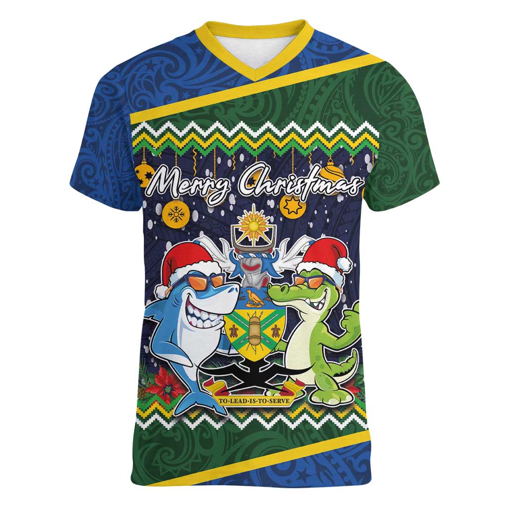 Funny Crocodile and Shark Solomon Islands Christmas Women V-Neck T-Shirt with National Seal Melanesian Pattern