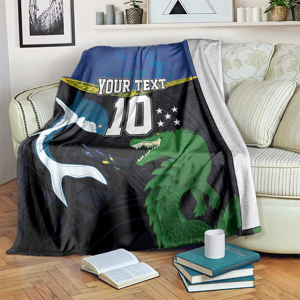 Custom Solomon Islands Rugby Blanket Arty Shark and Crocodile Solomon Islands National Emblems LT03 Blue - Polynesian Pride