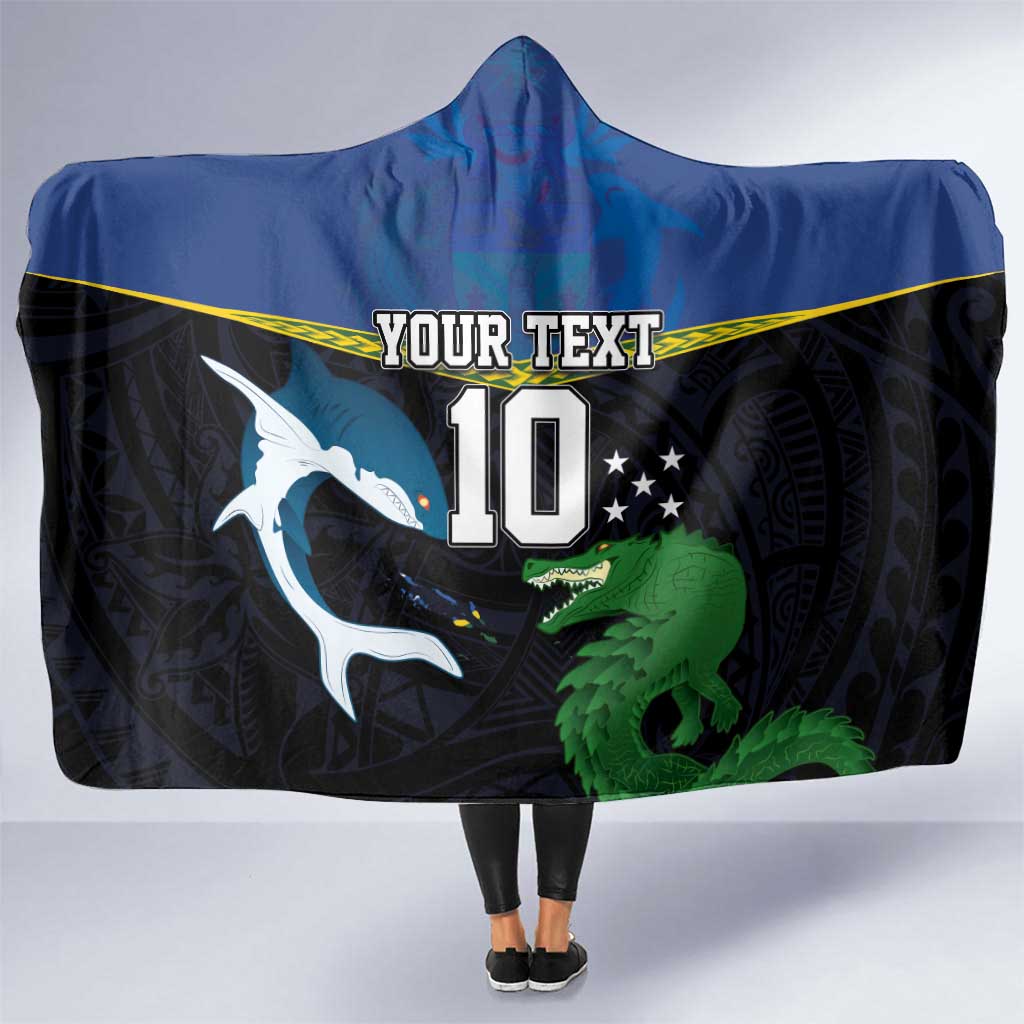 Custom Solomon Islands Rugby Hooded Blanket Arty Shark and Crocodile Solomon Islands National Emblems LT03 One Size Blue - Polynesian Pride