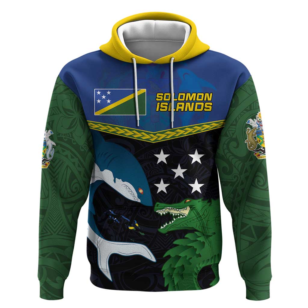 Custom Solomon Islands Rugby Hoodie Arty Shark and Crocodile Solomon Islands National Emblems