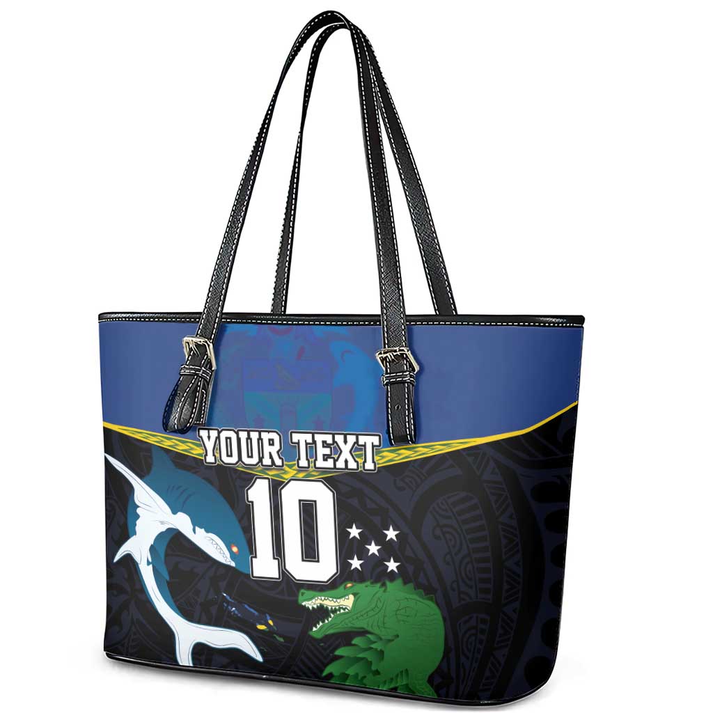 Custom Solomon Islands Rugby Leather Tote Bag Arty Shark and Crocodile Solomon Islands National Emblems LT03 - Polynesian Pride