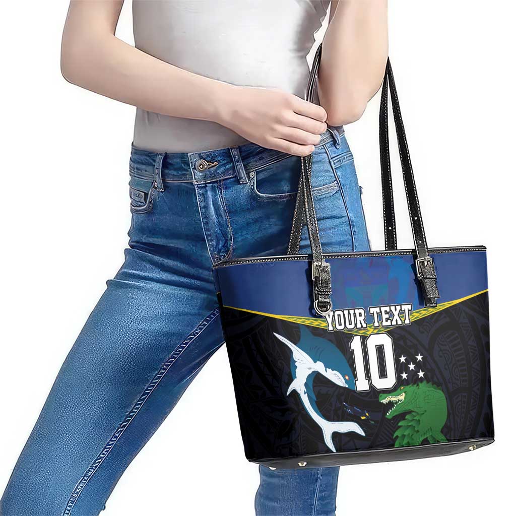 Custom Solomon Islands Rugby Leather Tote Bag Arty Shark and Crocodile Solomon Islands National Emblems LT03 - Polynesian Pride