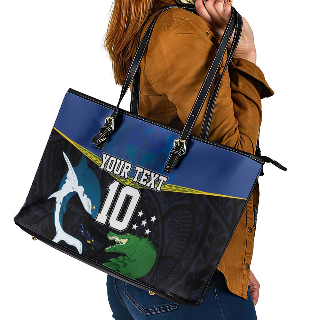 Custom Solomon Islands Rugby Leather Tote Bag Arty Shark and Crocodile Solomon Islands National Emblems LT03 - Polynesian Pride