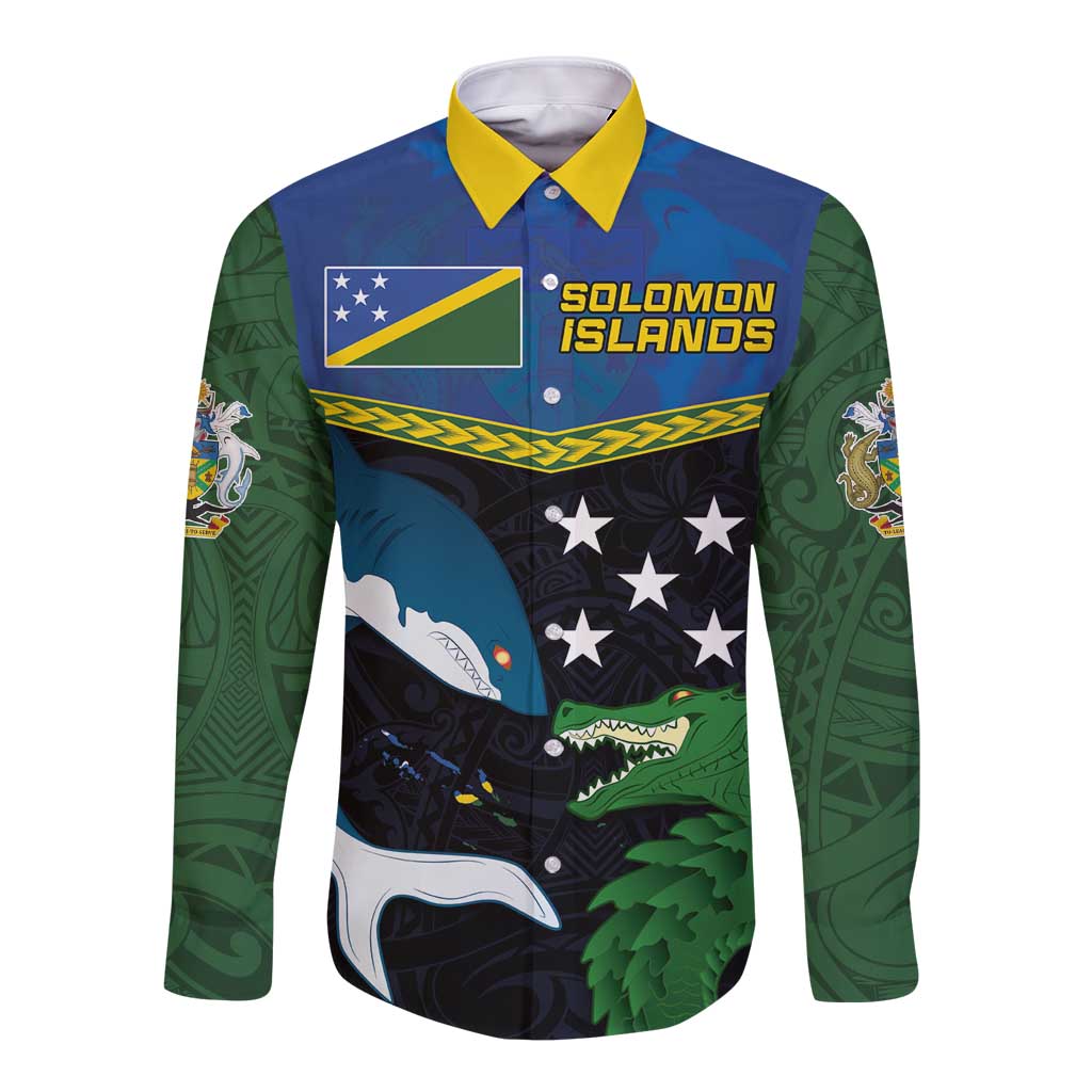 Custom Solomon Islands Rugby Long Sleeve Button Shirt Arty Shark and Crocodile Solomon Islands National Emblems LT03 Unisex Blue - Polynesian Pride