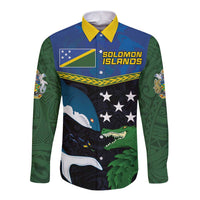 Custom Solomon Islands Rugby Long Sleeve Button Shirt Arty Shark and Crocodile Solomon Islands National Emblems LT03 Unisex Blue - Polynesian Pride