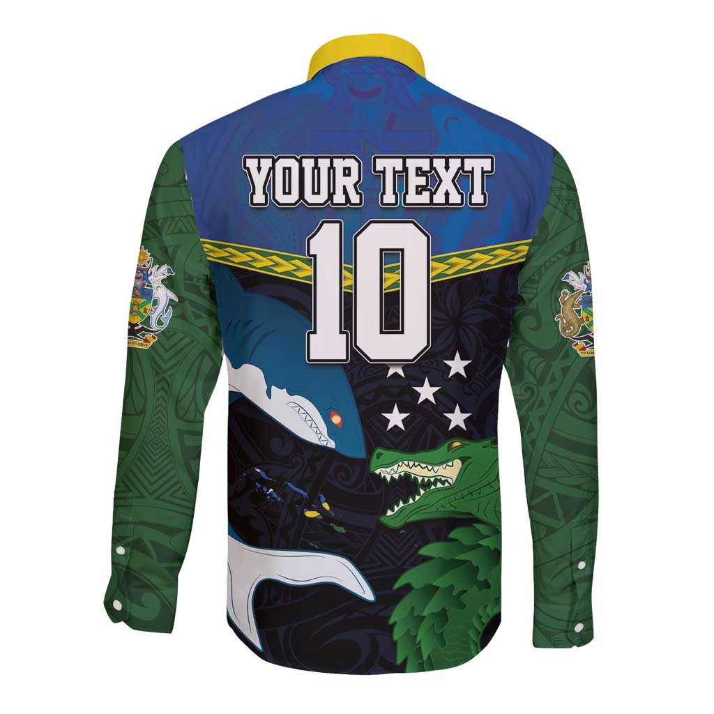 Custom Solomon Islands Rugby Long Sleeve Button Shirt Arty Shark and Crocodile Solomon Islands National Emblems LT03 - Polynesian Pride