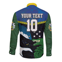 Custom Solomon Islands Rugby Long Sleeve Button Shirt Arty Shark and Crocodile Solomon Islands National Emblems LT03 - Polynesian Pride