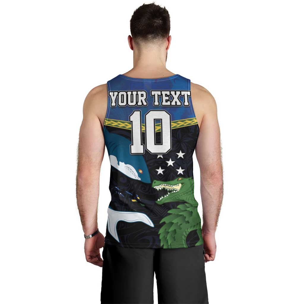 Custom Solomon Islands Rugby Men Tank Top Arty Shark and Crocodile Solomon Islands National Emblems LT03 - Polynesian Pride