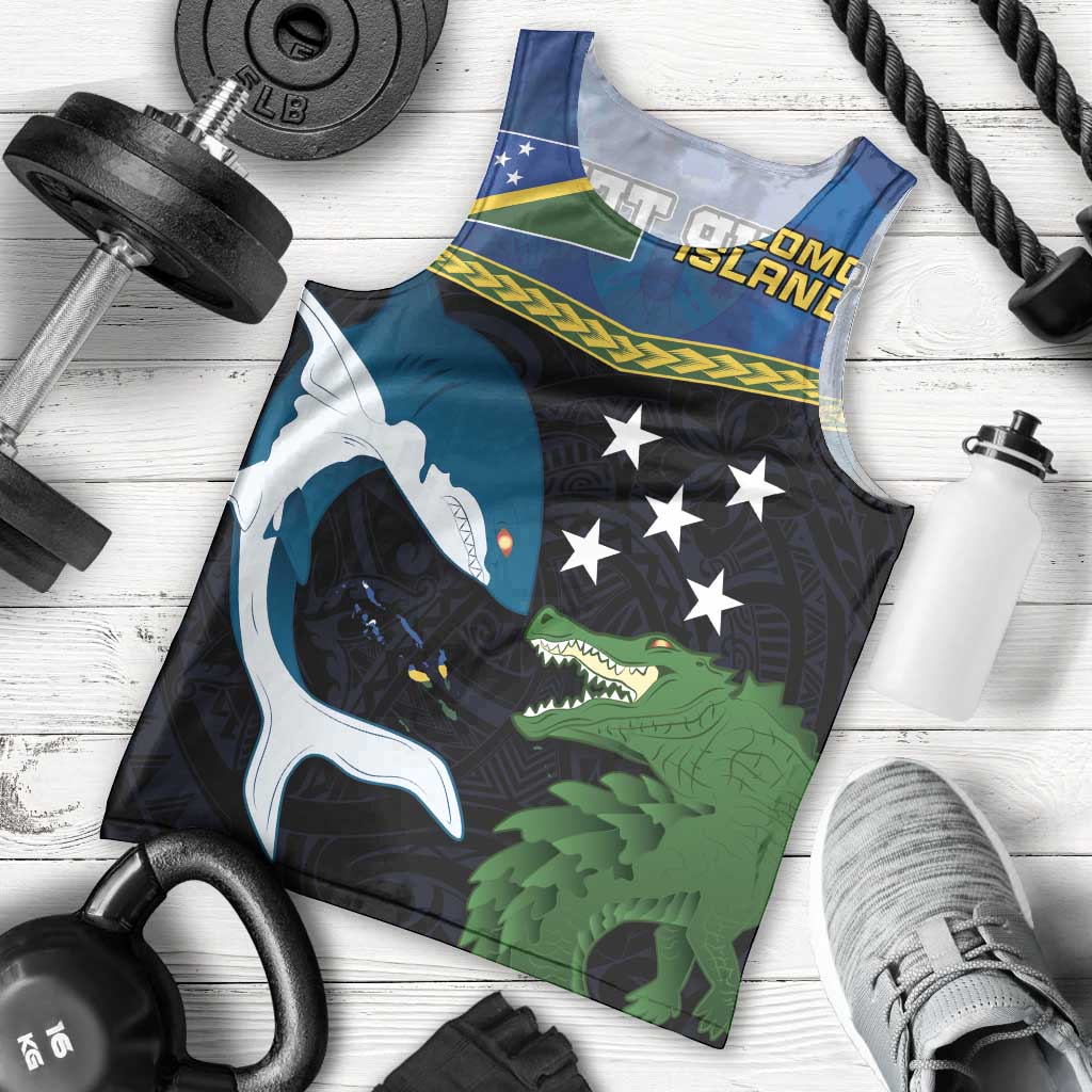 Custom Solomon Islands Rugby Men Tank Top Arty Shark and Crocodile Solomon Islands National Emblems LT03 - Polynesian Pride