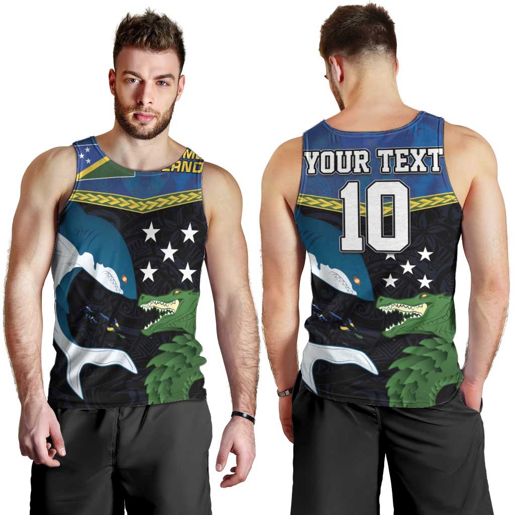 Custom Solomon Islands Rugby Men Tank Top Arty Shark and Crocodile Solomon Islands National Emblems LT03 - Polynesian Pride