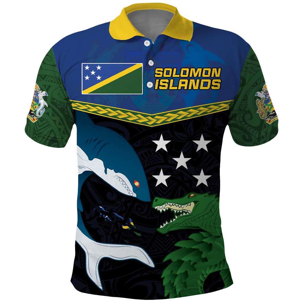 Custom Solomon Islands Rugby Polo Shirt Arty Shark and Crocodile Solomon Islands National Emblems LT03 Blue - Polynesian Pride