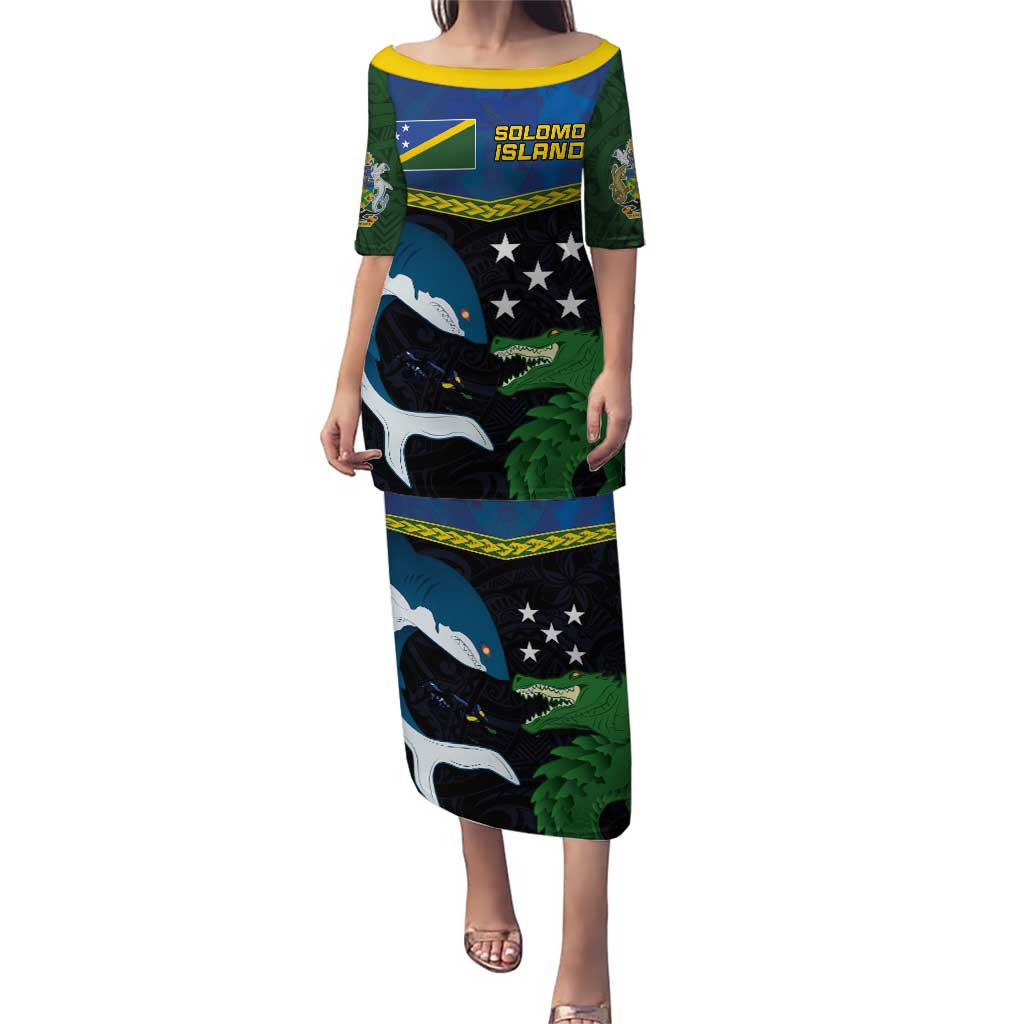 Custom Solomon Islands Rugby Puletasi Arty Shark and Crocodile Solomon Islands National Emblems LT03 Long Dress Blue - Polynesian Pride