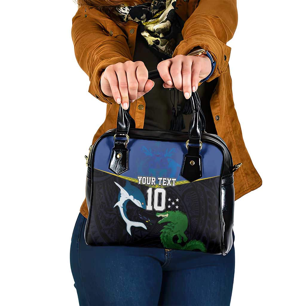 Custom Solomon Islands Rugby Shoulder Handbag Arty Shark and Crocodile Solomon Islands National Emblems LT03 One Size Blue - Polynesian Pride