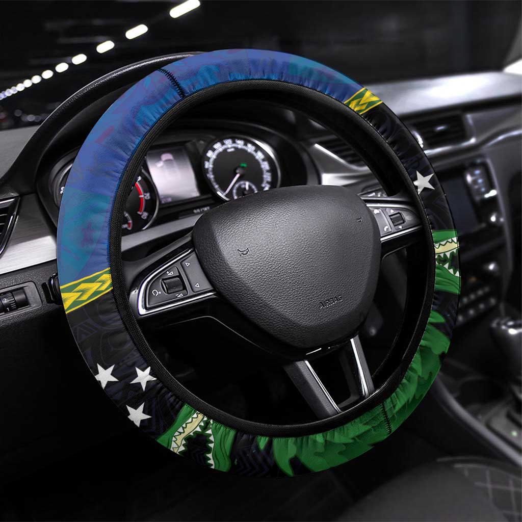Solomon Islands Rugby Steering Wheel Cover Arty Shark and Crocodile Solomon Islands National Emblems LT03 Universal Fit Blue - Polynesian Pride