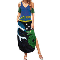 Custom Solomon Islands Rugby Summer Maxi Dress Arty Shark and Crocodile Solomon Islands National Emblems LT03 Women Blue - Polynesian Pride