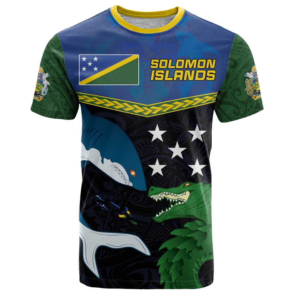 Custom Solomon Islands Rugby T Shirt Arty Shark and Crocodile Solomon Islands National Emblems LT03 Blue - Polynesian Pride