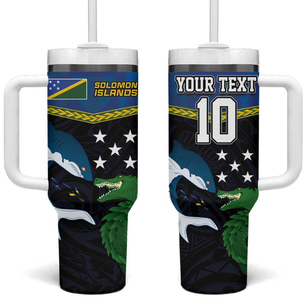 Custom Solomon Islands Rugby Tumbler With Handle Arty Shark and Crocodile Solomon Islands National Emblems LT03 One Size: 40 oz Blue - Polynesian Pride