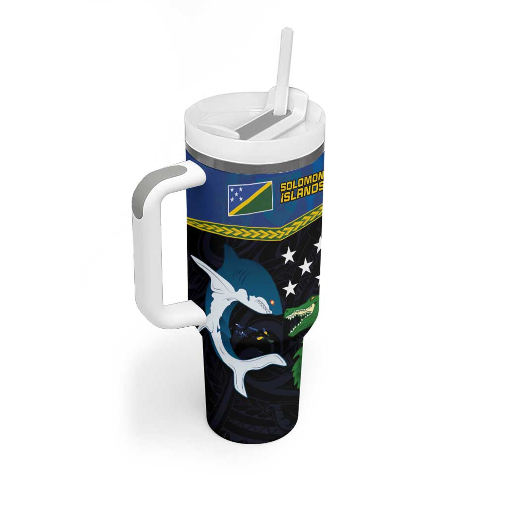 Custom Solomon Islands Rugby Tumbler With Handle Arty Shark and Crocodile Solomon Islands National Emblems LT03 - Polynesian Pride