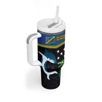 Custom Solomon Islands Rugby Tumbler With Handle Arty Shark and Crocodile Solomon Islands National Emblems LT03 - Polynesian Pride