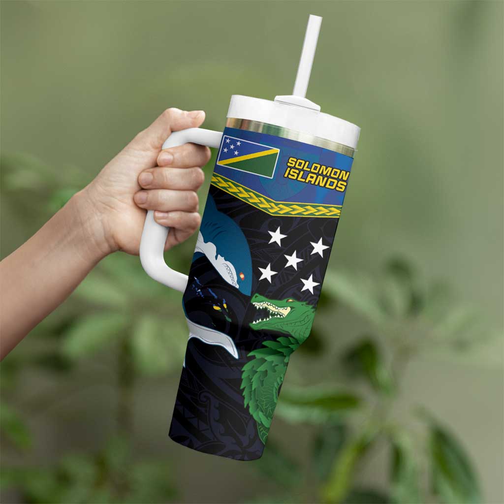 Custom Solomon Islands Rugby Tumbler With Handle Arty Shark and Crocodile Solomon Islands National Emblems LT03 - Polynesian Pride