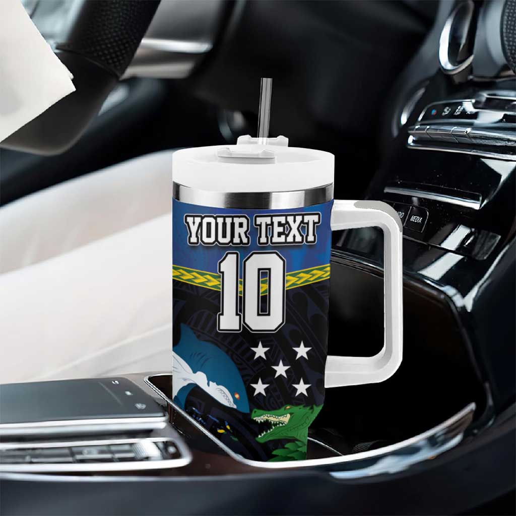 Custom Solomon Islands Rugby Tumbler With Handle Arty Shark and Crocodile Solomon Islands National Emblems LT03 - Polynesian Pride
